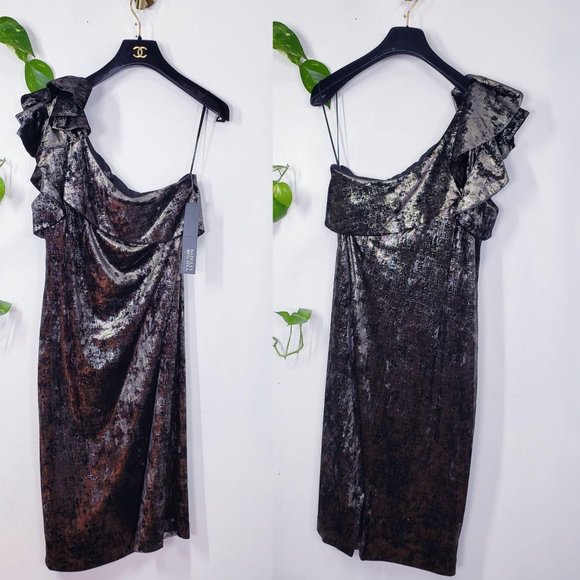 $650 New BADGLEY MISCHKA Gold Bronze Bodycon Midi Dress 8 MEDIUM  One Shoulder - Picture 6 of 13